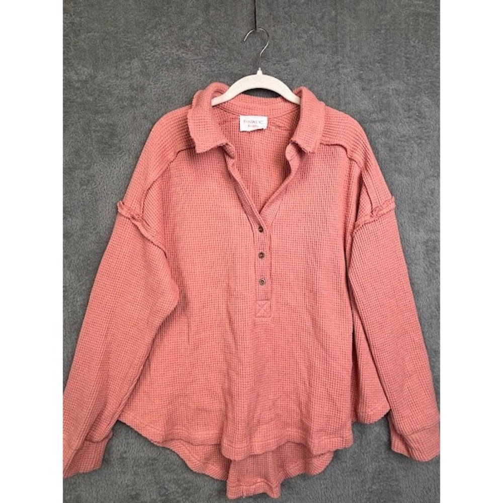 Fantastic Fawn Womens Dusty Rose Waffle Knit Henley Top IFKT54457-01‎ Large